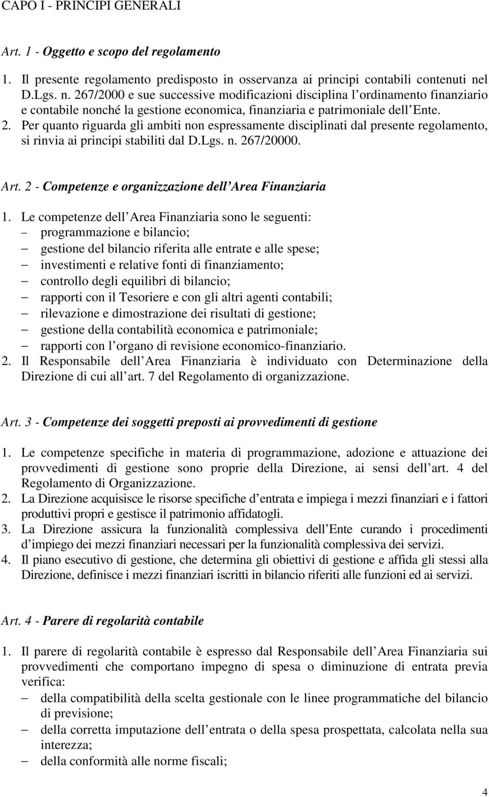Lgs. n. 267/20000. Art. 2 - Competenze e organizzazione dell Area Finanziaria 1.
