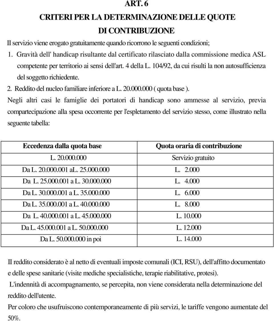 104/92, da cui risulti la non autosufficienza del soggetto richiedente. 2. Reddito del nucleo familiare inferiore a L. 20.000.000 ( quota base ).