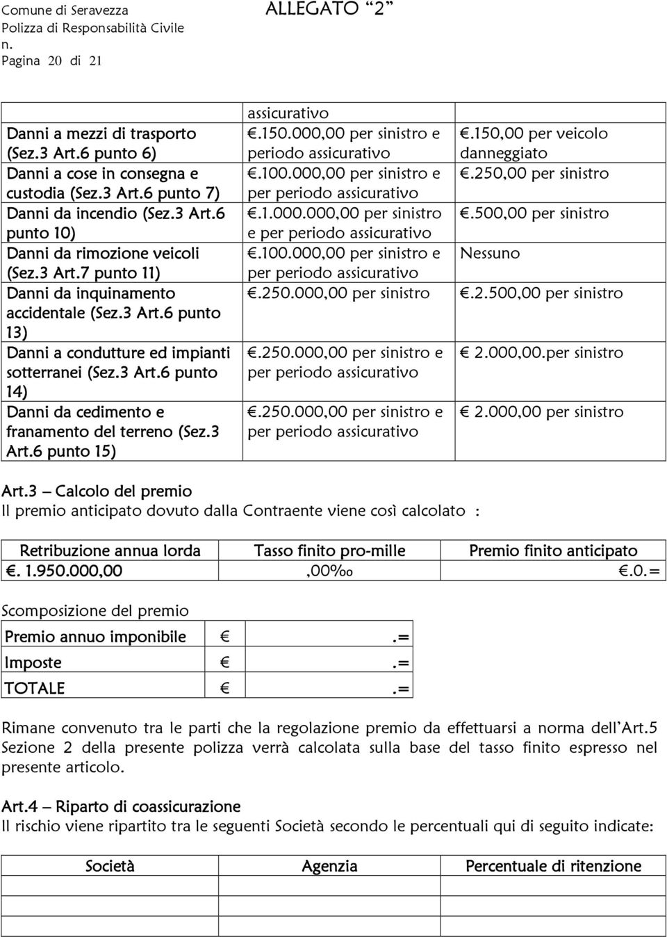 150.000,00 per sinistro e.150,00 per veicolo periodo assicurativo danneggiato.100.000,00 per sinistro e.250,00 per sinistro per periodo assicurativo.1.000.000,00 per sinistro.500,00 per sinistro e per periodo assicurativo.