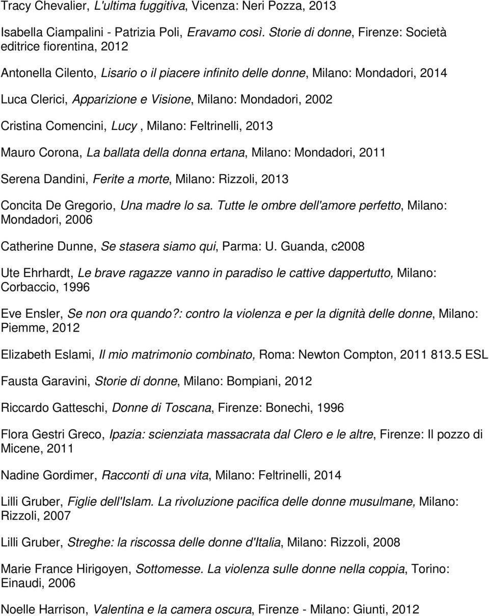 Mondadori, 2002 Cristina Comencini, Lucy, Milano: Feltrinelli, 2013 Mauro Corona, La ballata della donna ertana, Milano: Mondadori, 2011 Serena Dandini, Ferite a morte, Milano: Rizzoli, 2013 Concita