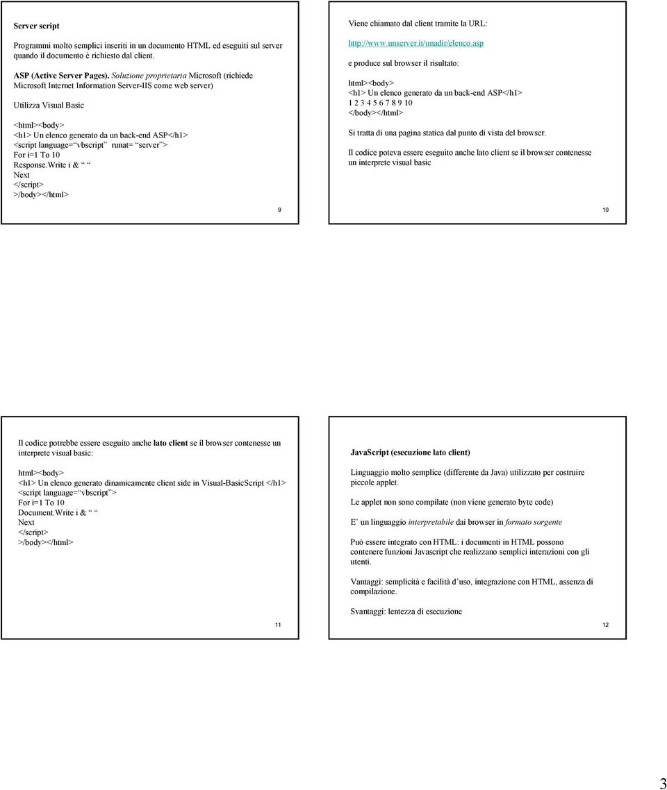language= vbscript runat= server > For i=1 To 10 Response.Write i & Next </script> >/body></html> Viene chiamato dal client tramite la URL: http://www.unserver.it/unadir/elenco.