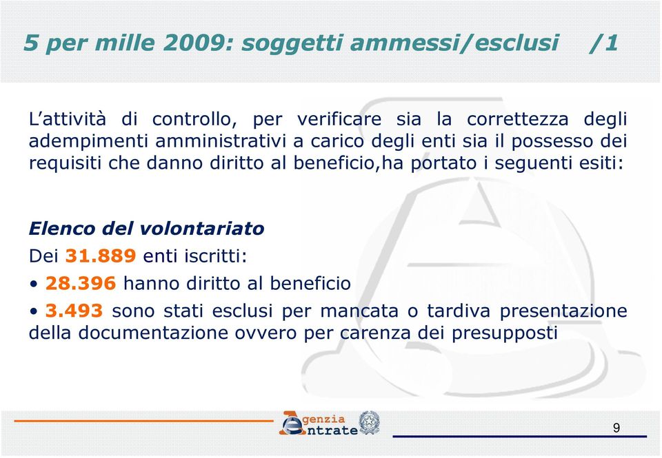 portato i seguenti esiti: Elenco del volontariato Dei 31.889 enti iscritti: 28.396 hanno diritto al beneficio 3.