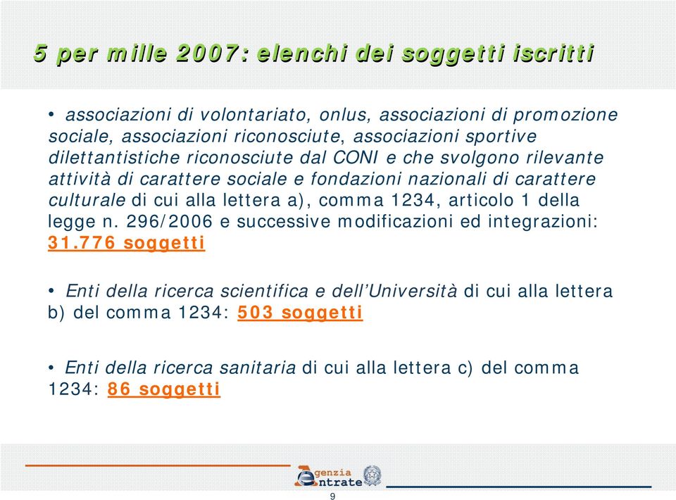 culturale di cui alla lettera a), comma 1234, articolo 1 della legge n. 296/2006 e successive modificazioni ed integrazioni: 31.