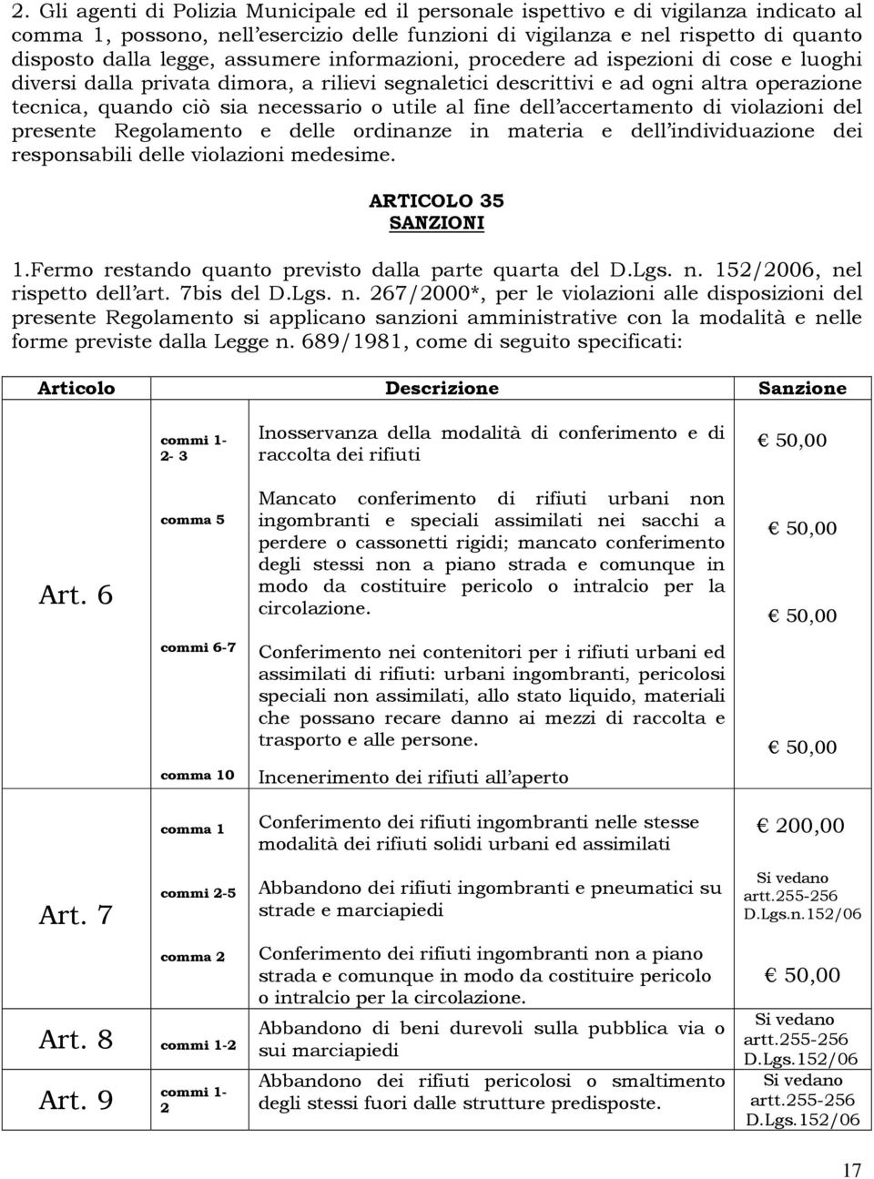 fine dell accertamento di violazioni del presente Regolamento e delle ordinanze in materia e dell individuazione dei responsabili delle violazioni medesime. ARTICOLO 35 SANZIONI 1.