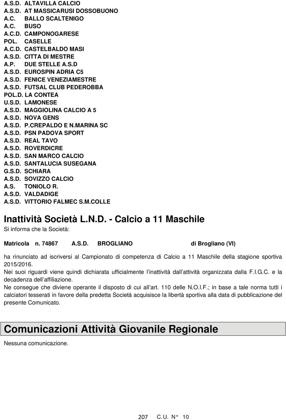 S.D. ROVERDICRE A.S.D. SAN MARCO CALCIO A.S.D. SANTALUCIA SUSEGANA G.S.D. SCHIARA A.S.D. SOVIZZO CALCIO A.S. TONIOLO R. A.S.D. VALDADIGE A.S.D. VITTORIO FALMEC S.M.COLLE Inattività Società L.N.D. - Calcio a 11 Maschile Si informa che la Società: Matricola n.