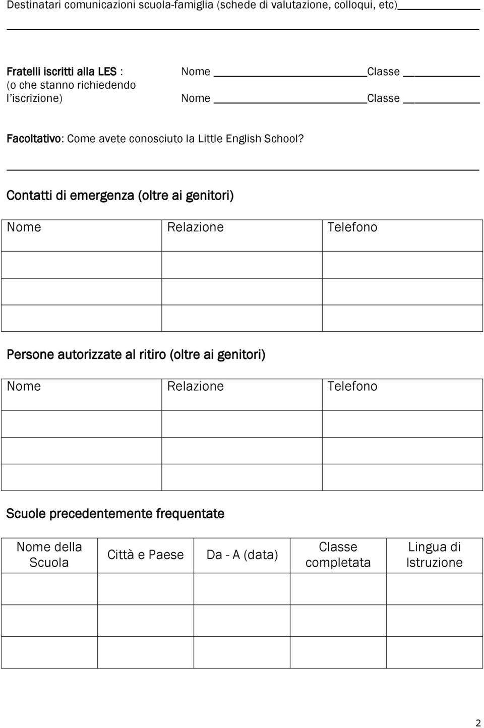 Contatti di emergenza (oltre ai genitori) Nome Relazione Telefono Persone autorizzate al ritiro (oltre ai genitori) Nome