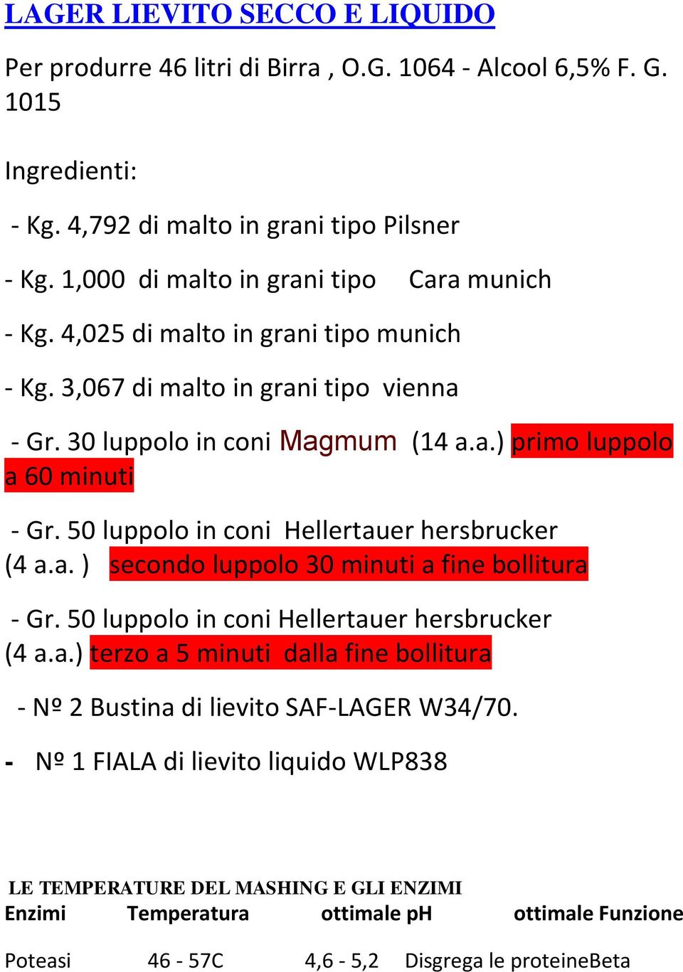50 luppolo in coni Hellertauer hersbrucker (4 a.a. ) secondo luppolo 30 minuti a fine bollitura - Gr. 50 luppolo in coni Hellertauer hersbrucker (4 a.a.) terzo a 5 minuti dalla fine bollitura - Nº 2 Bustina di lievito SAF-LAGER W34/70.