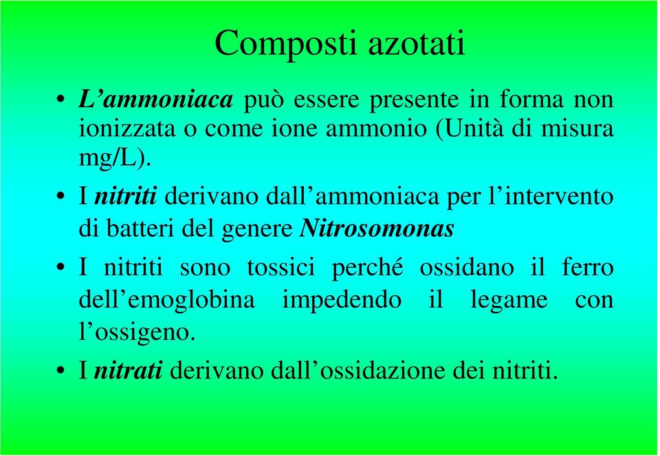 I nitriti derivano dall ammoniaca per l intervento di batteri del genere Nitrosomonas I