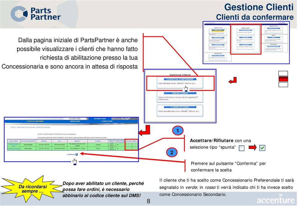 confermare la scelta Da ricordarsi sempre Dopo aver abilitato un cliente, perché possa fare ordini, è necessario abbinarlo al codice cliente sul DMS!