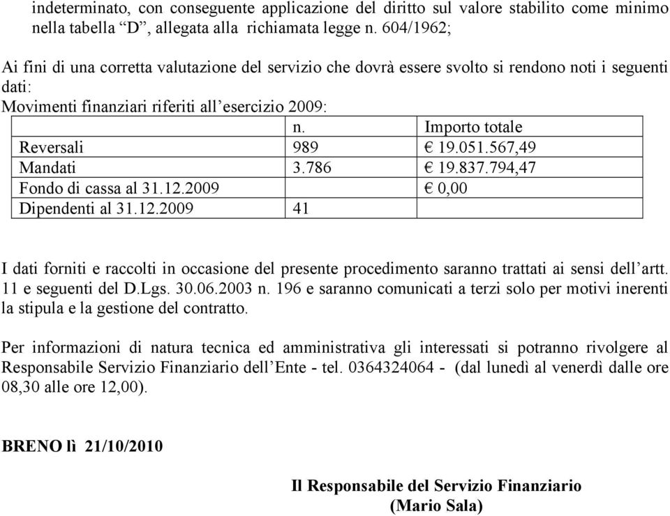 Importo totale Reversali 989 19.051.567,49 Mandati 3.786 19.837.794,47 Fondo di cassa al 31.12.