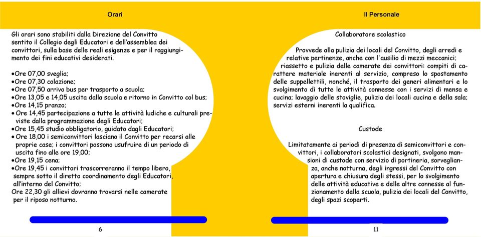 Ore 07,00 sveglia; Ore 07,30 colazione; Ore 07,50 arrivo bus per trasporto a scuola; Ore 13,05 e 14,05 uscita dalla scuola e ritorno in Convitto col bus; Ore 14,15 pranzo; Ore 14,45 partecipazione a