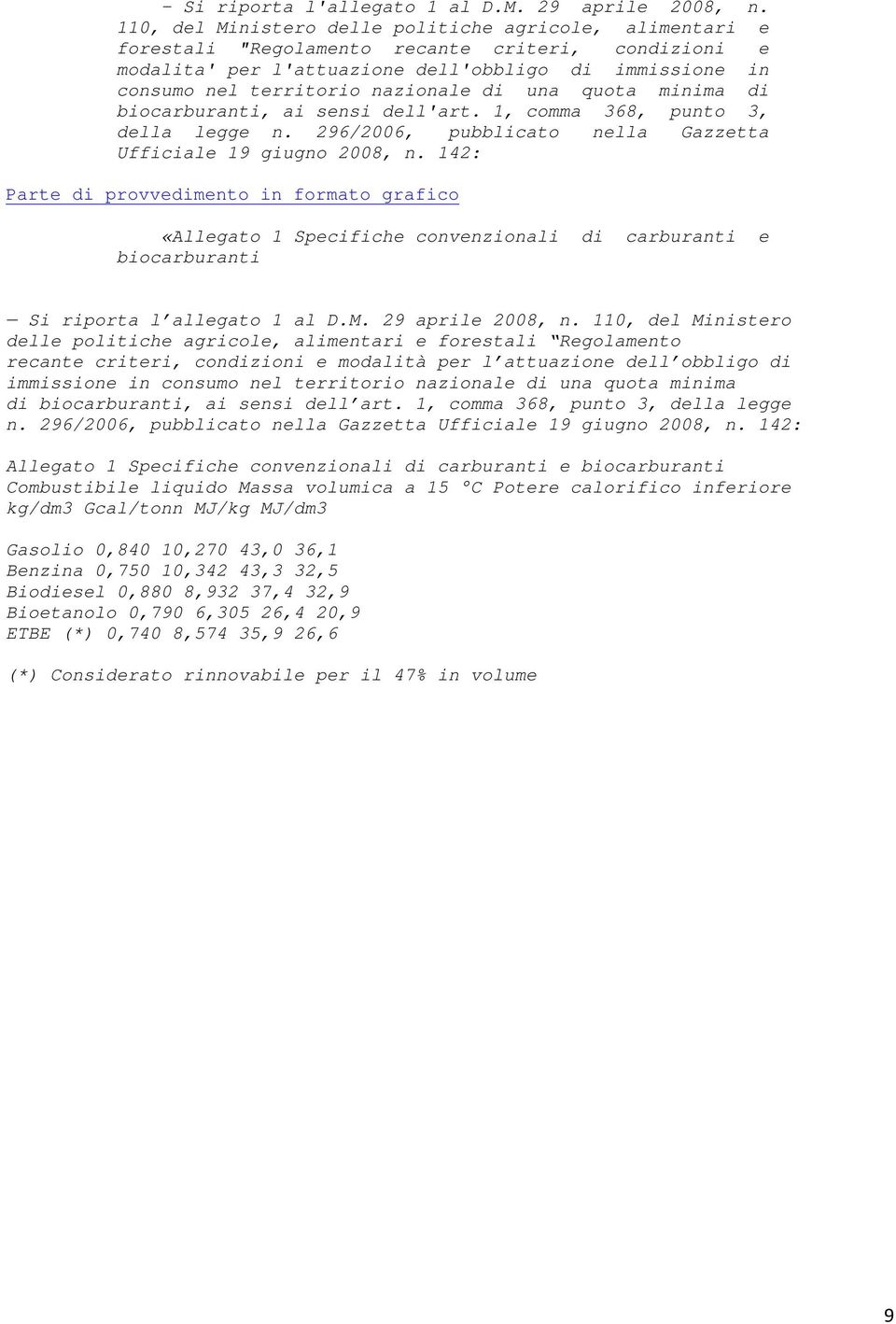 nazionale di una quota minima di biocarburanti, ai sensi dell'art. 1, comma 368, punto 3, della legge n. 296/2006, pubblicato nella Gazzetta Ufficiale 19 giugno 2008, n.