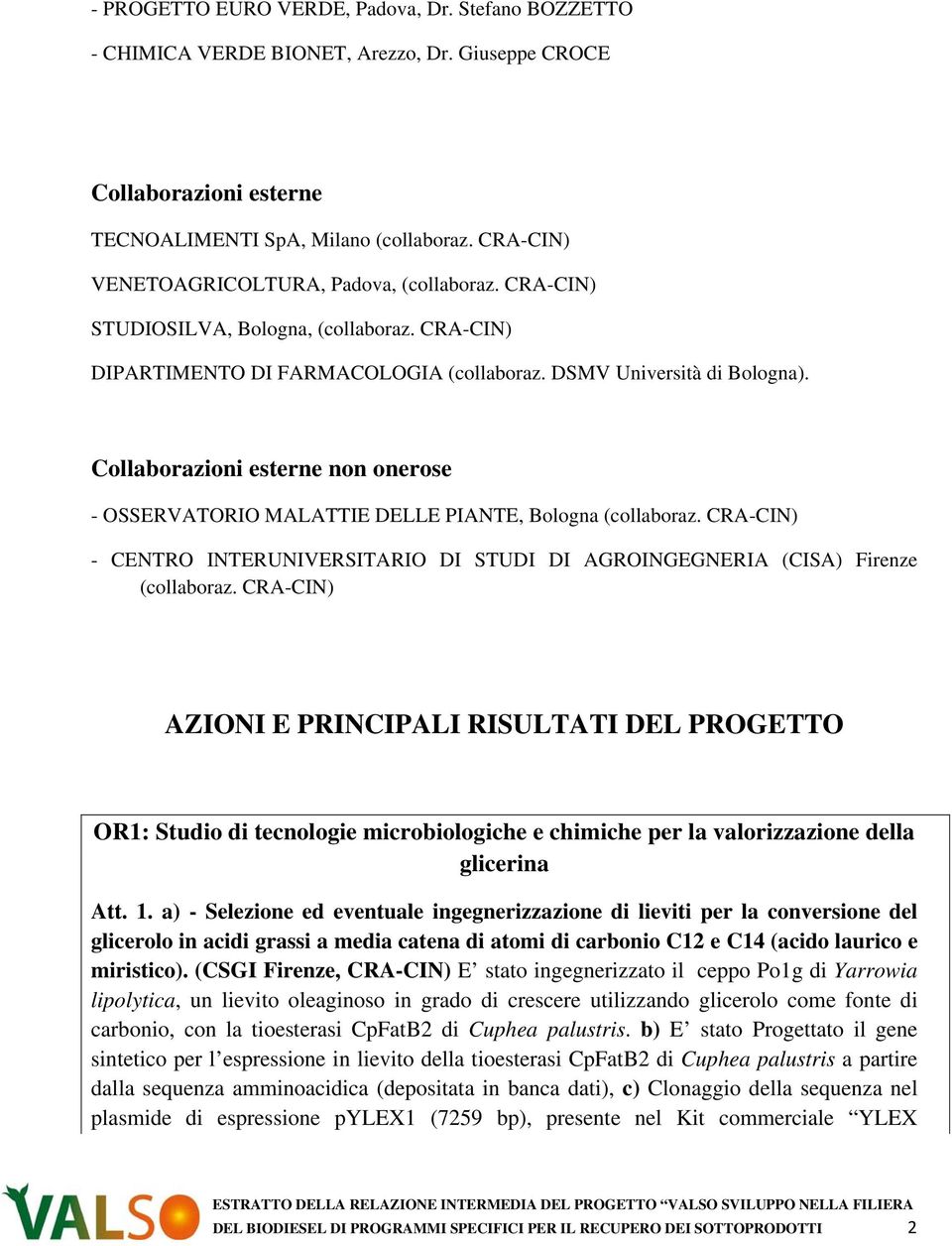 Collaborazioni esterne non onerose - OSSERVATORIO MALATTIE DELLE PIANTE, Bologna (collaboraz. CRA-CIN) - CENTRO INTERUNIVERSITARIO DI STUDI DI AGROINGEGNERIA (CISA) Firenze (collaboraz.