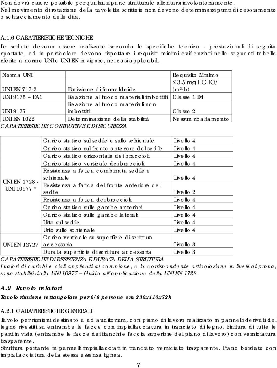 6 CARATTERISTICHE TECNICHE Le sedute devono essere realizzate secondo le specifiche tecnico - prestazionali di seguito riportate, ed in particolare devono rispettare i requisiti minimi evidenziati