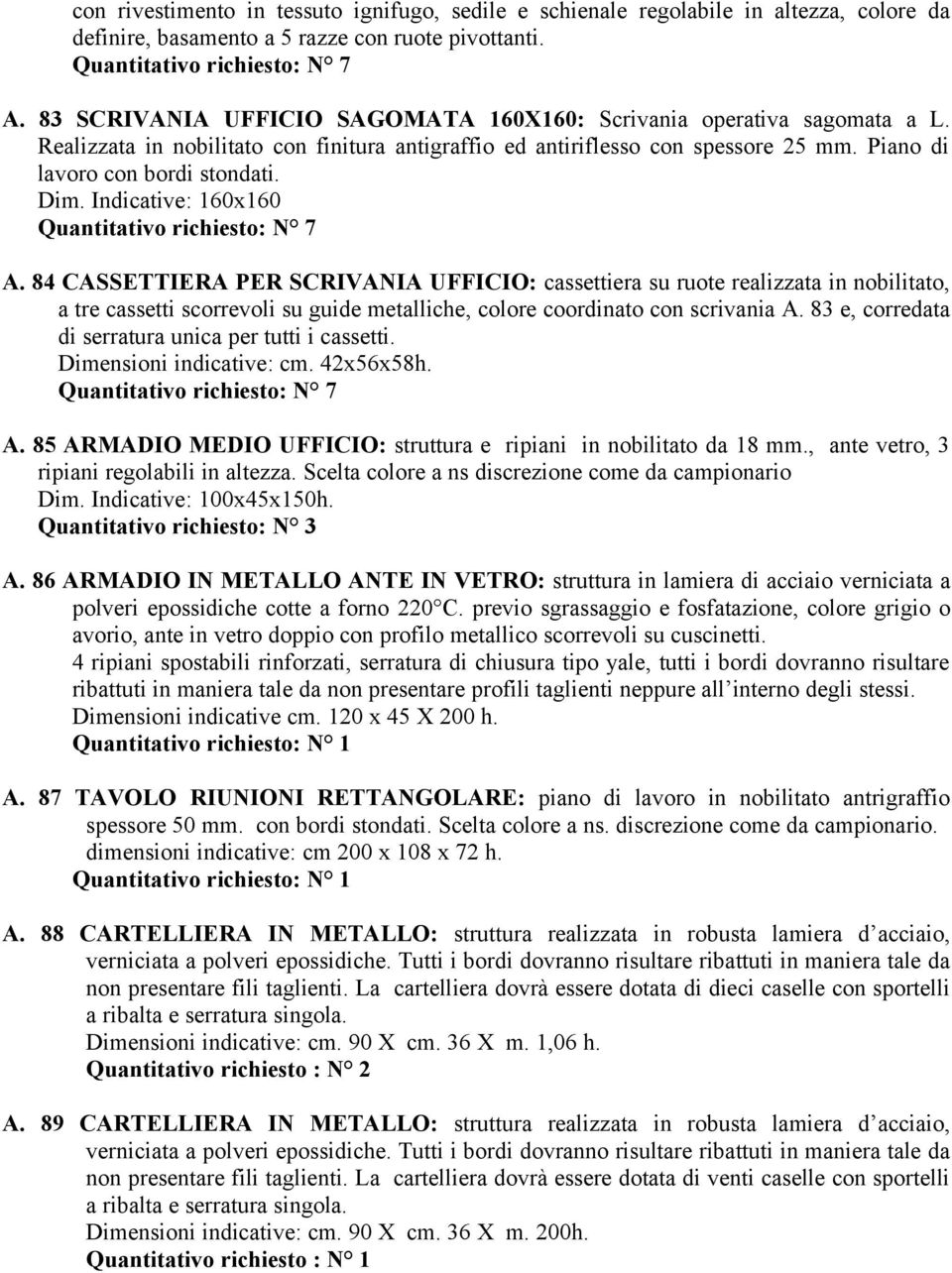 Indicative: 160x160 Quantitativo richiesto: N 7 A.