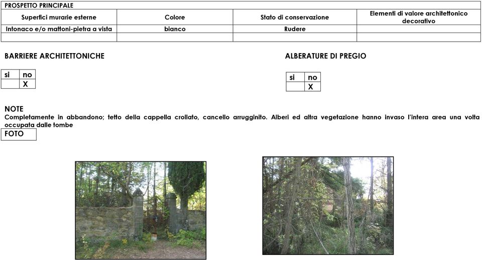 ARCHITETTONICHE ALBERATURE DI PREGIO NOTE Completamente in abbando; tetto della cappella