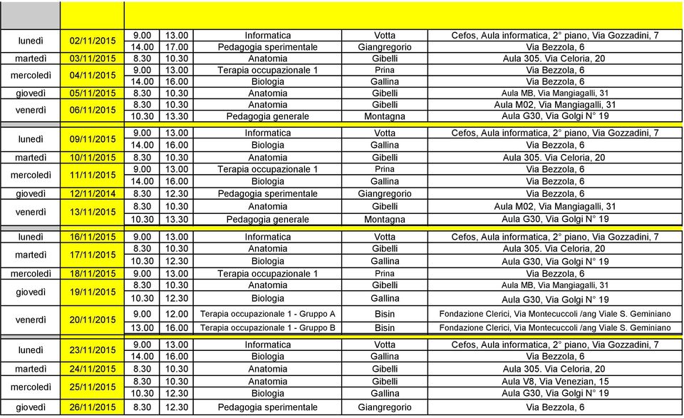 30 Anatomia Gibelli Aula M02, Via Mangiagalli, 31 venerdì 06/11/2015 13.30 Pedagogia generale Montagna Aula G30, Via Golgi N 19 9.00 13.