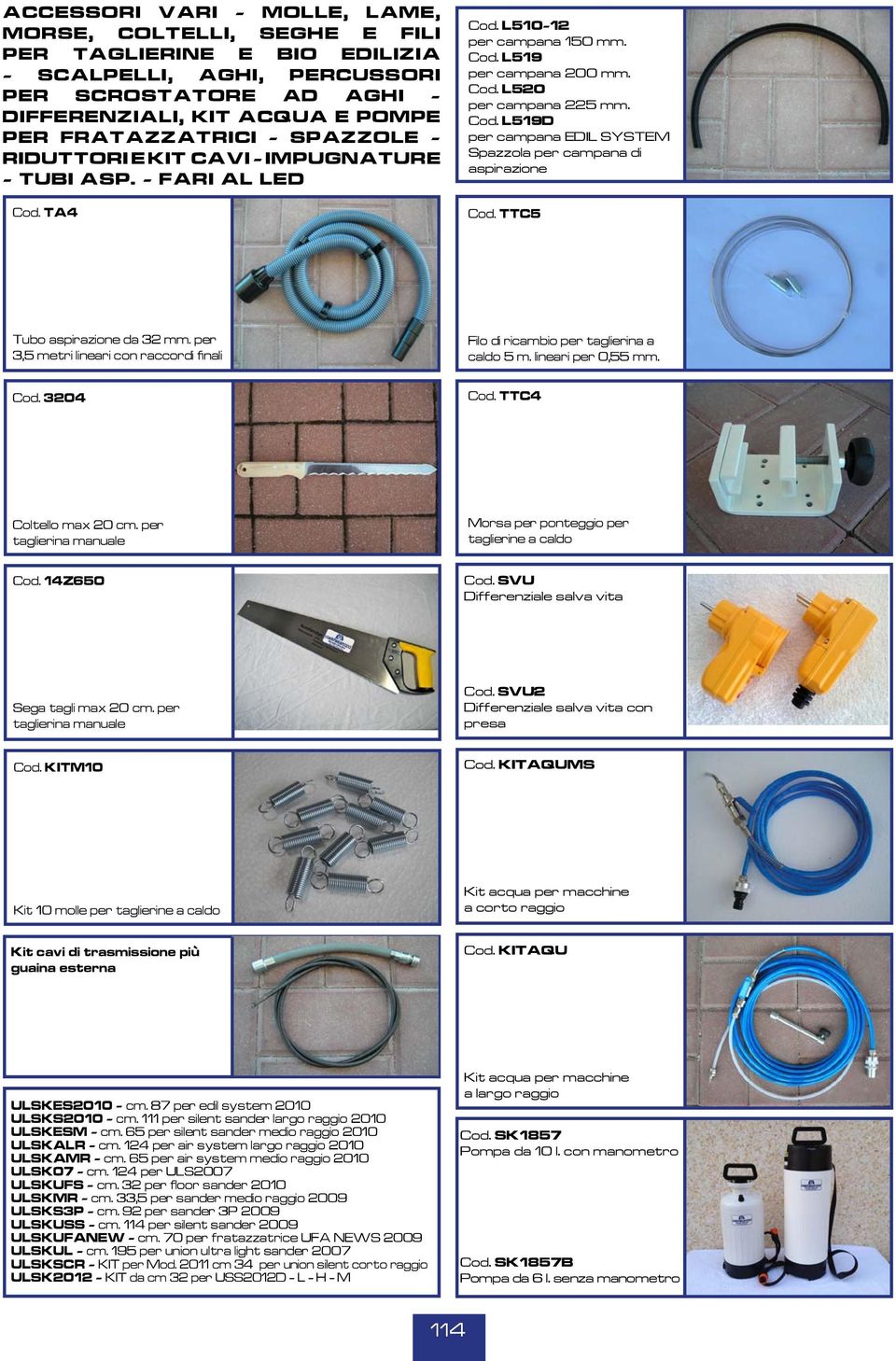 TTC5 Tubo aspirazione da 32 mm. per 3,5 metri lineari con raccordi finali Cod. 3204 Filo di ricambio per taglierina a caldo 5 m. lineari per 0,55 mm. Cod. TTC4 Coltello max 20 cm.