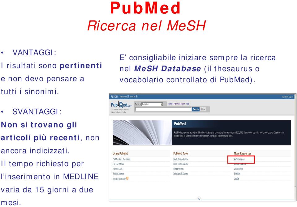 E consigliabile iniziare sempre la ricerca nel MeSH Database (il thesaurus o vocabolario