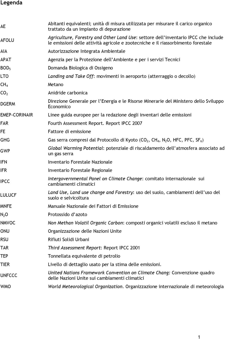 i servizi Tecnici BOD 5 Domanda Biologica di Ossigeno LTO Landing and Take Off: movimenti in aeroporto (atterraggio o decollo) CH 4 Metano CO 2 Anidride carbonica DGERM Direzione Generale per l