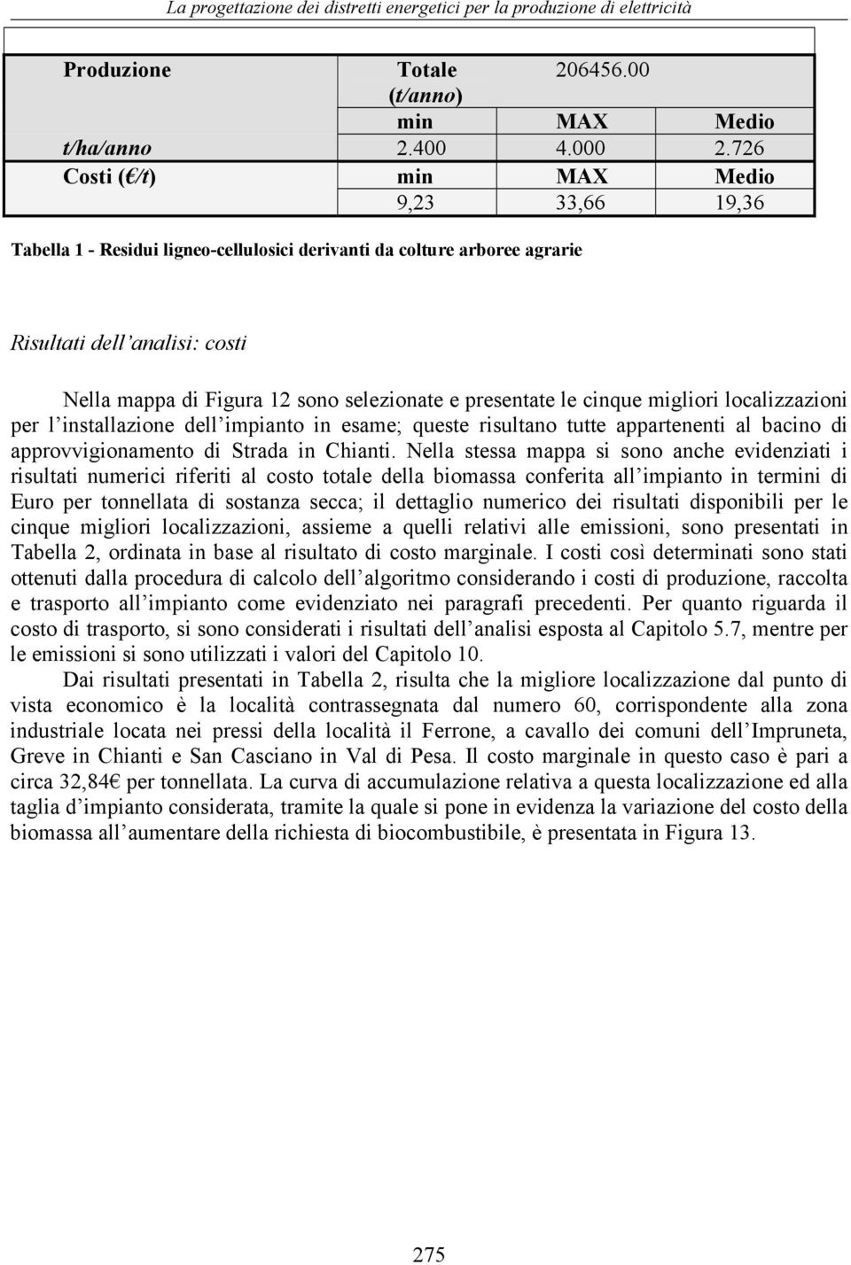 presentate le cinque migliori localizzazioni per l installazione dell impianto in esame; queste risultano tutte appartenenti al bacino di approvvigionamento di Strada in Chianti.