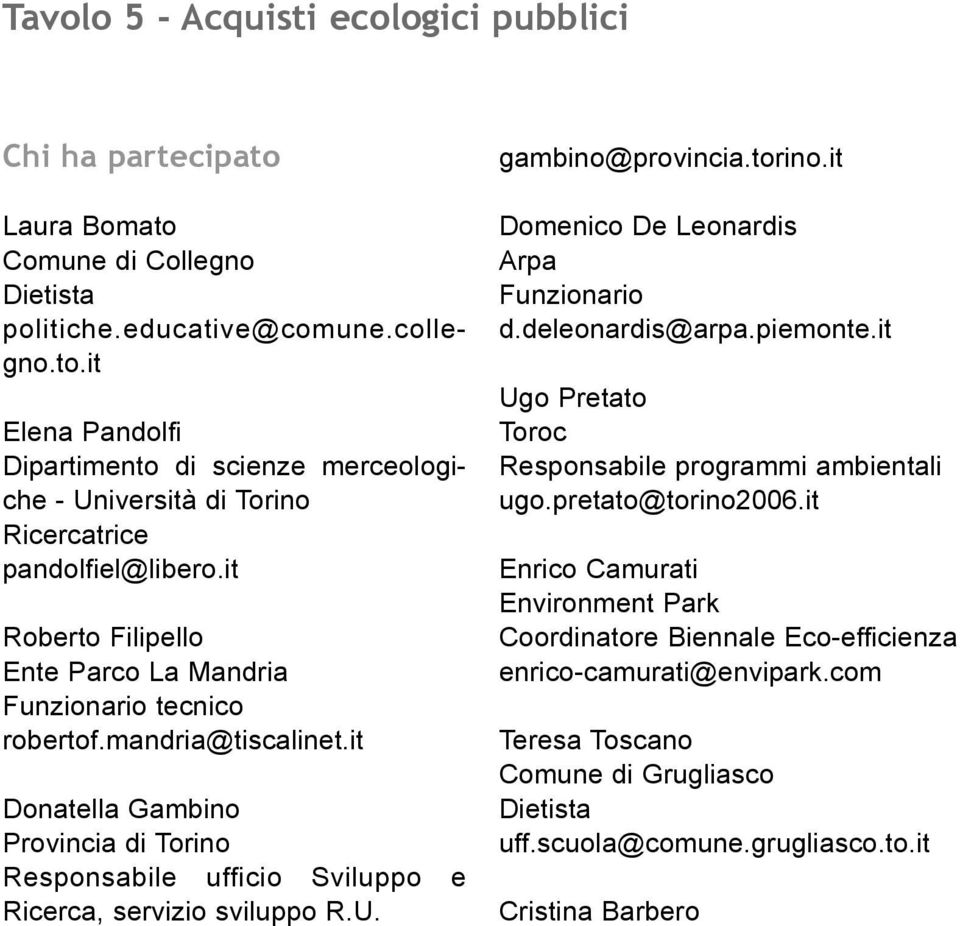 gambino@provincia.torino.it Domenico De Leonardis Arpa Funzionario d.deleonardis@arpa.piemonte.it Ugo Pretato Toroc Responsabile programmi ambientali ugo.pretato@torino2006.