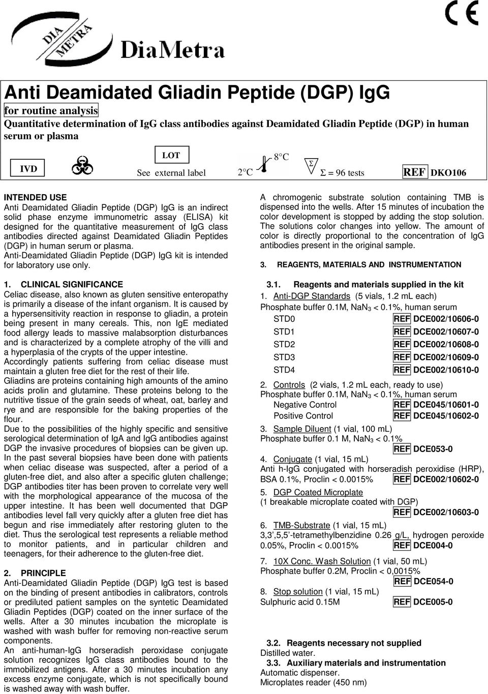 of IgG class antibodies directed against Deamidated Gliadin Peptides (DGP) in human serum or plasma. Anti-Deamidated Gliadin Peptide (DGP) IgG kit is intended for laboratory use only. 1.