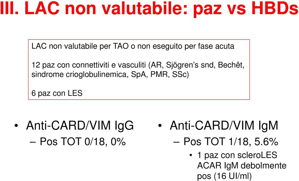 crioglobulinemica, SpA, PMR, SSc) 6 paz con LES Anti-CARD/VIM IgG Pos TOT 0/18, 0%