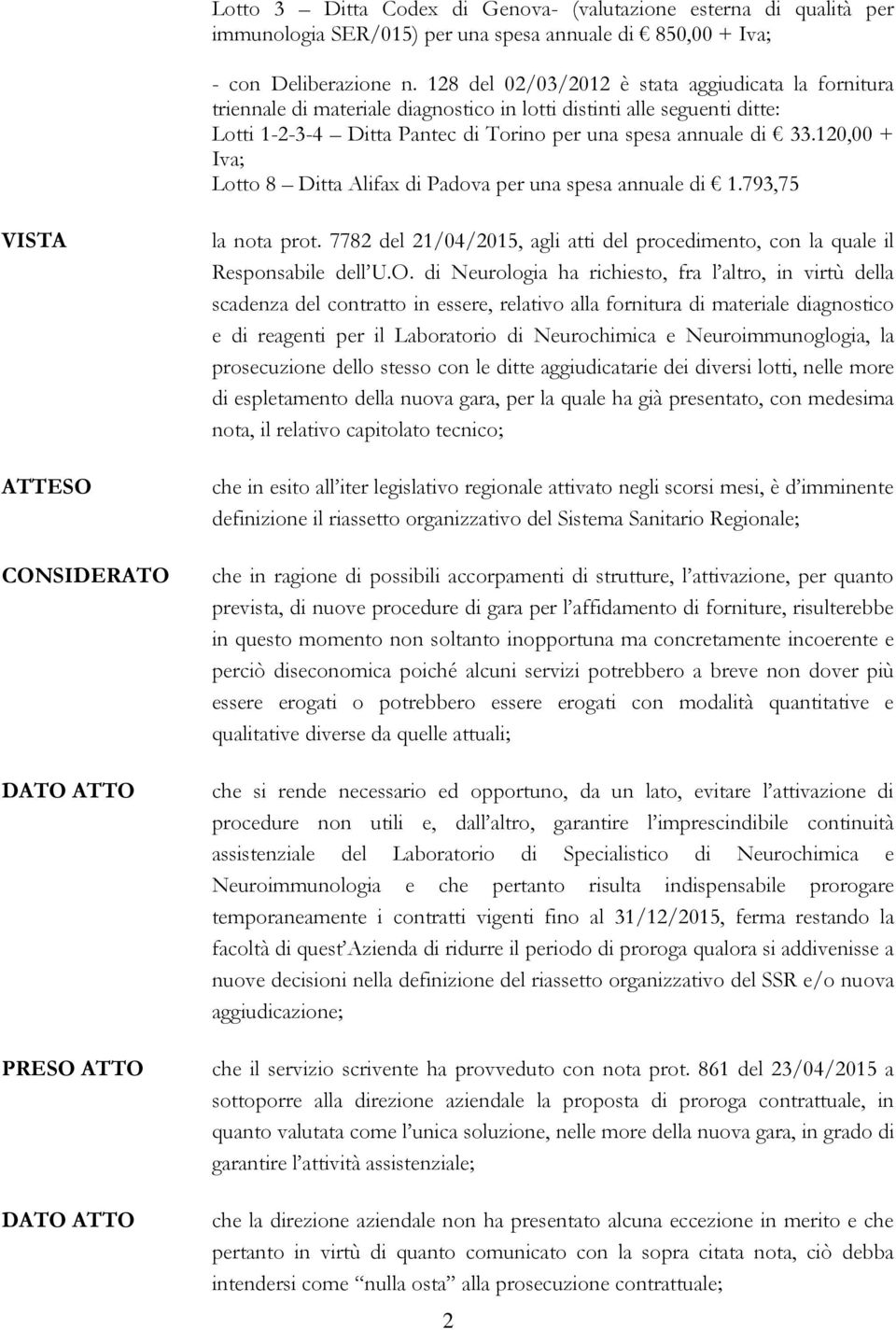 120,00 + Iva; Lotto 8 Ditta Alifax di Padova per una spesa annuale di 1.793,75 ATTESO CONSIDERATO DATO ATTO PRESO ATTO DATO ATTO la nota prot.