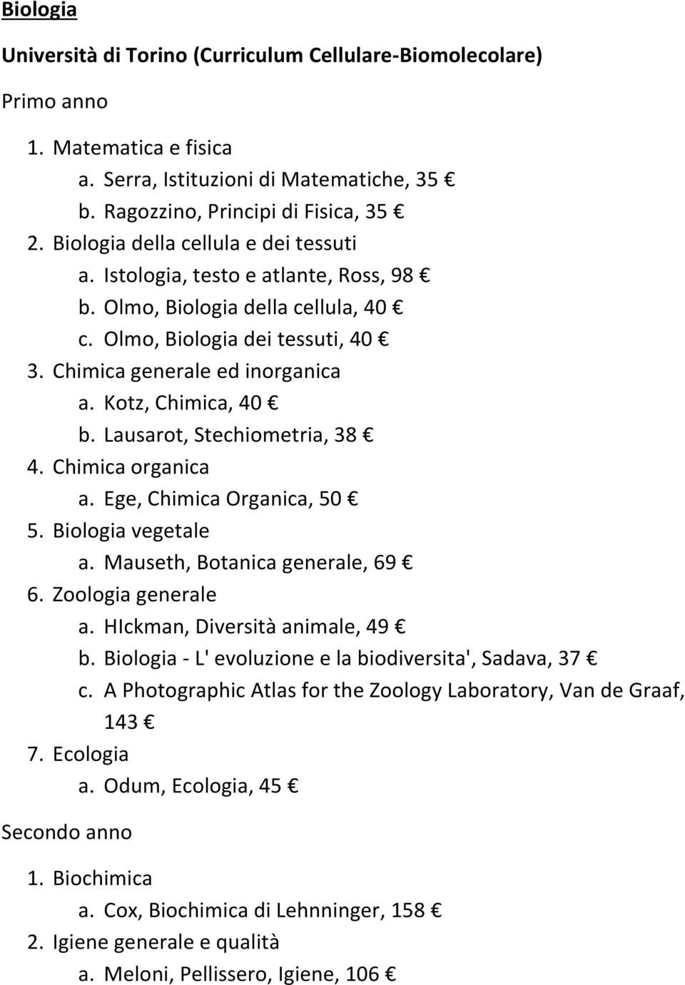 Kotz, Chimica, 40 b. Lausarot, Stechiometria, 38 4. Chimica organica a. Ege, Chimica Organica, 50 5. Biologia vegetale a. Mauseth, Botanica generale, 69 6. Zoologia generale a.