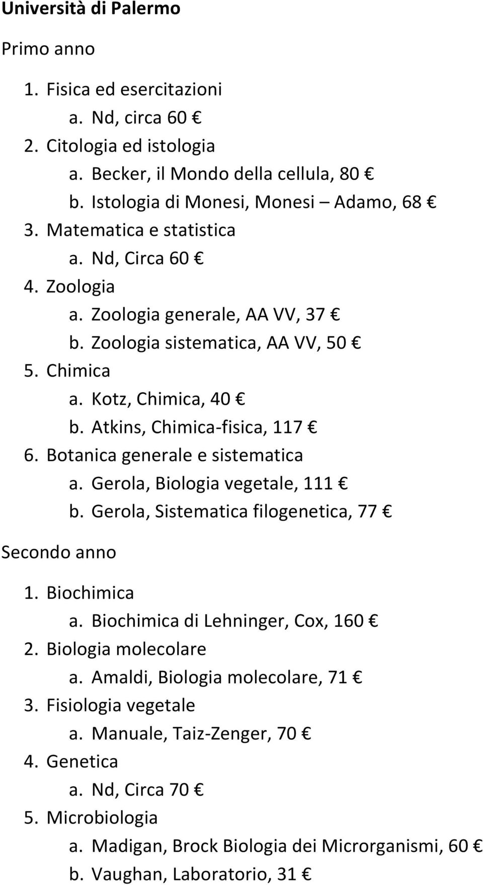 Botanica generale e sistematica a. Gerola, Biologia vegetale, 111 b. Gerola, Sistematica filogenetica, 77 Secondo anno 1. Biochimica a. Biochimica di Lehninger, Cox, 160 2.