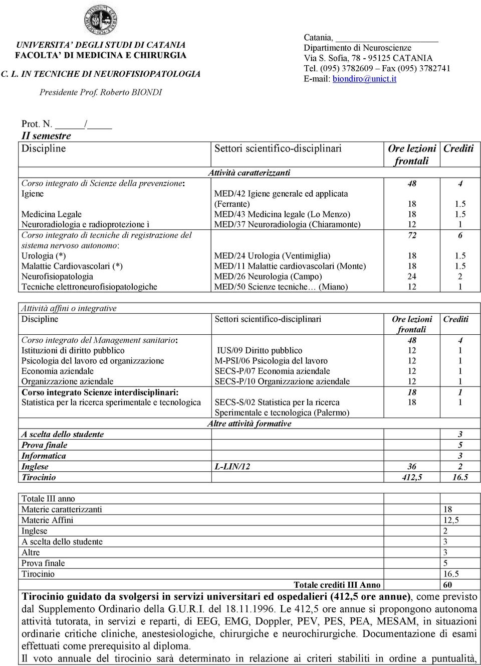 Corso integrato di tecniche di registrazione del sistema nervoso autonomo: Urologia (*) Malattie Cardiovascolari (*) Neurofisiopatologia Attività caratterizzanti MED/4 Igiene generale ed applicata