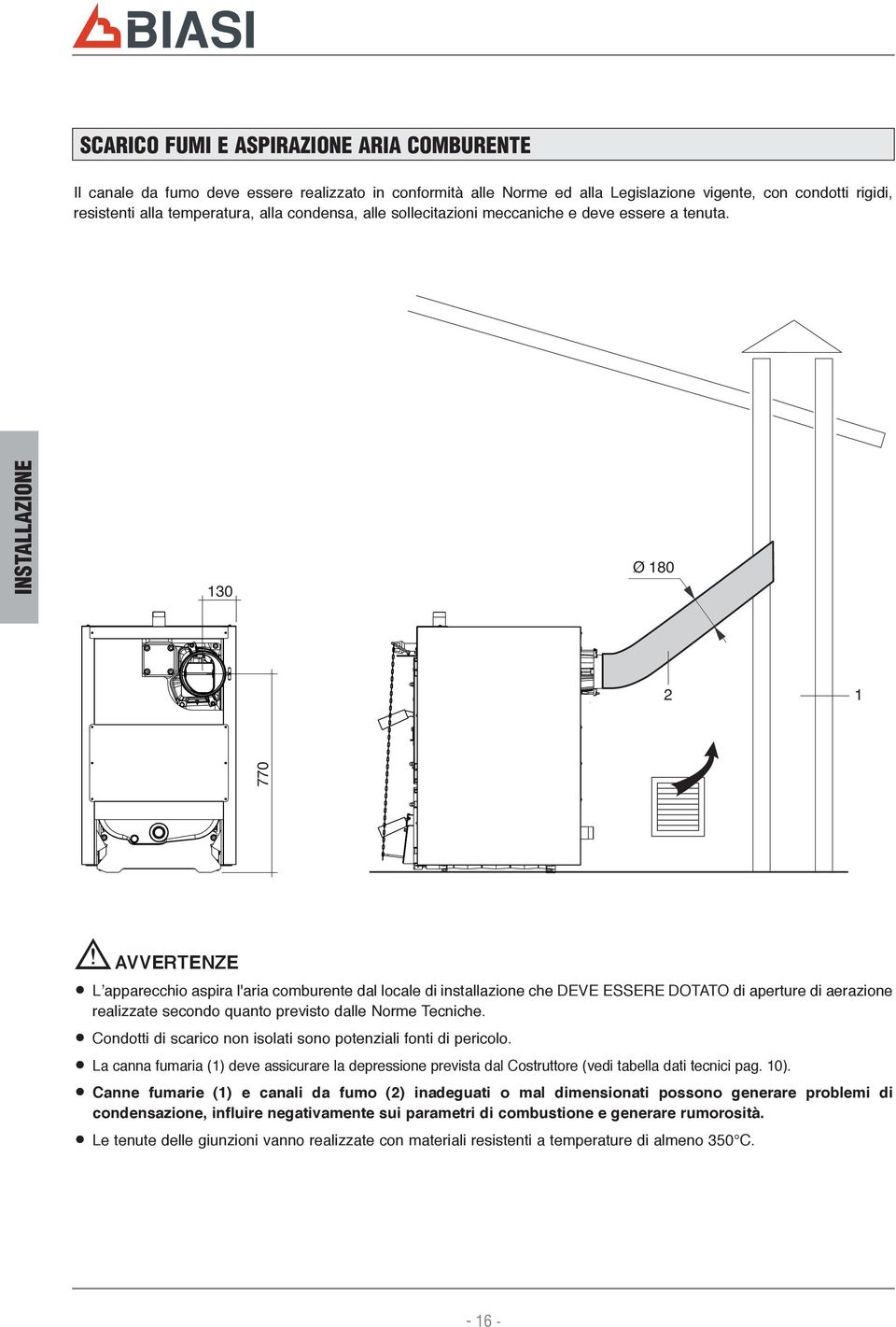 INSTALLAZIONE 30 Ø 80 770 b AVVERTENZE L apparecchio aspira l'aria comburente dal locale di installazione che DEVE ESSERE DOTATO di aperture di aerazione realizzate secondo quanto previsto dalle