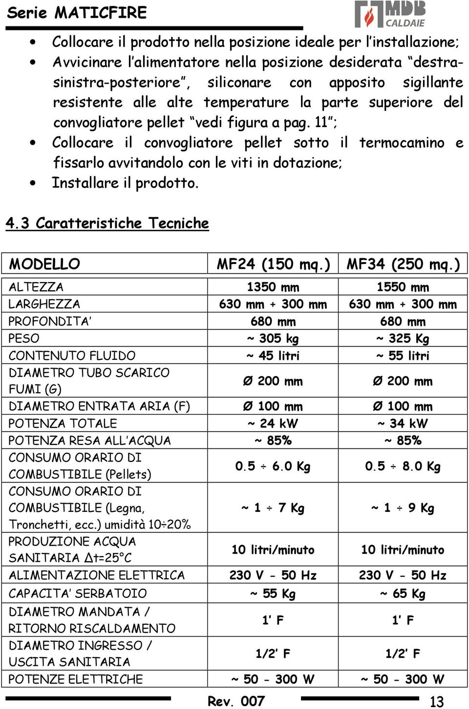 11 ; Collocare il convogliatore pellet sotto il termocamino e fissarlo avvitandolo con le viti in dotazione; Installare il prodotto. 4.3 Caratteristiche Tecniche MODELLO MF24 (150 mq.) MF34 (250 mq.