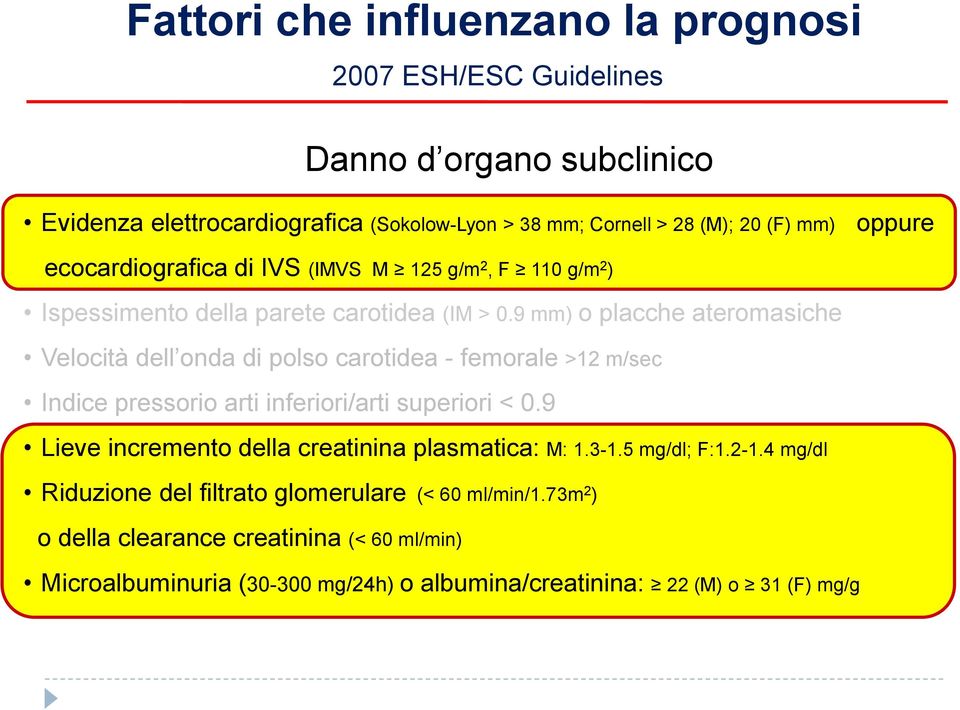 9 mm) o placche ateromasiche Velocità dell onda di polso carotidea - femorale >12 m/sec Indice pressorio arti inferiori/arti superiori < 0.