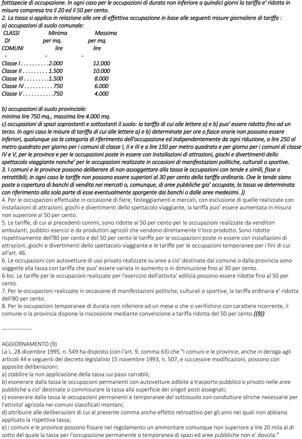 La tassa si applica in relazione alle ore di effettiva occupazione in base alle seguenti misure giornaliere di tariffa : a) occupazioni di suolo comunale: CLASSI Minima Massima DI per mq.