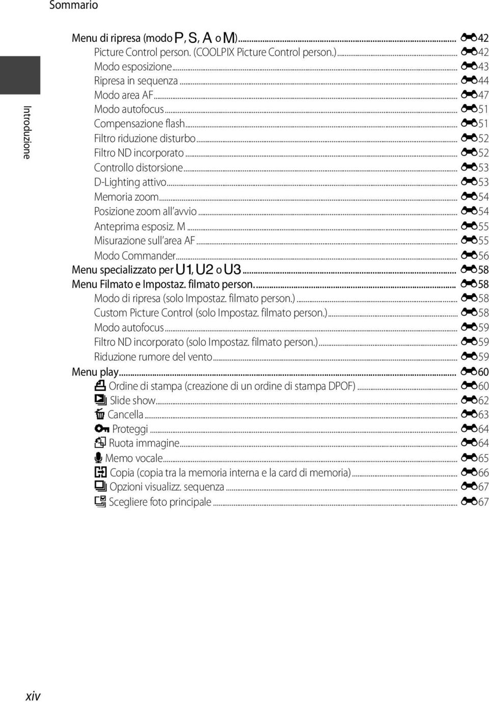 .. E54 Posizione zoom all avvio... E54 Anteprima esposiz. M... E55 Misurazione sull area AF... E55 Modo Commander... E56 Menu specializzato per E, F o N... E58 Menu Filmato e Impostaz. filmato person.