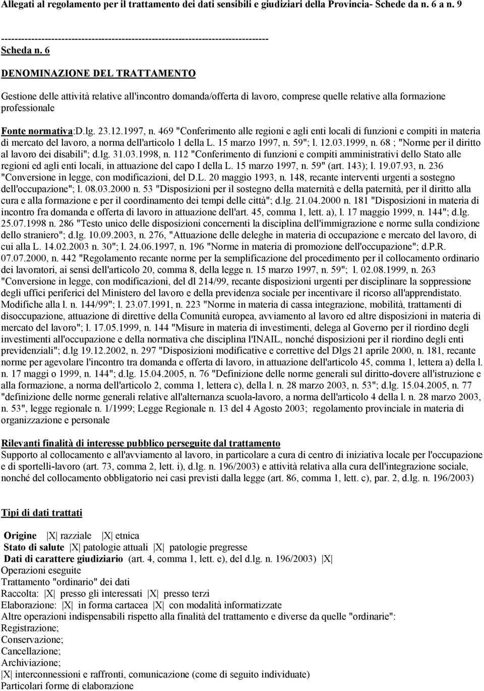 469 "Conferimento alle regioni e agli enti locali di funzioni e compiti in materia di mercato del lavoro, a norma dell'articolo 1 della L. 15 marzo 1997, n. 59"; l. 12.03.1999, n.