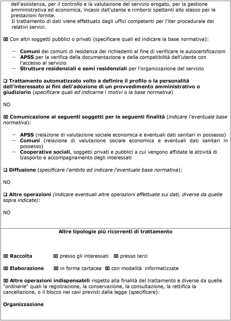 Con altri soggetti pubblici o privati (specificare quali ed indicare la base normativa): Comuni dei comuni di residenza dei richiedenti al fine di verificare le autocertificazioni APSS per la