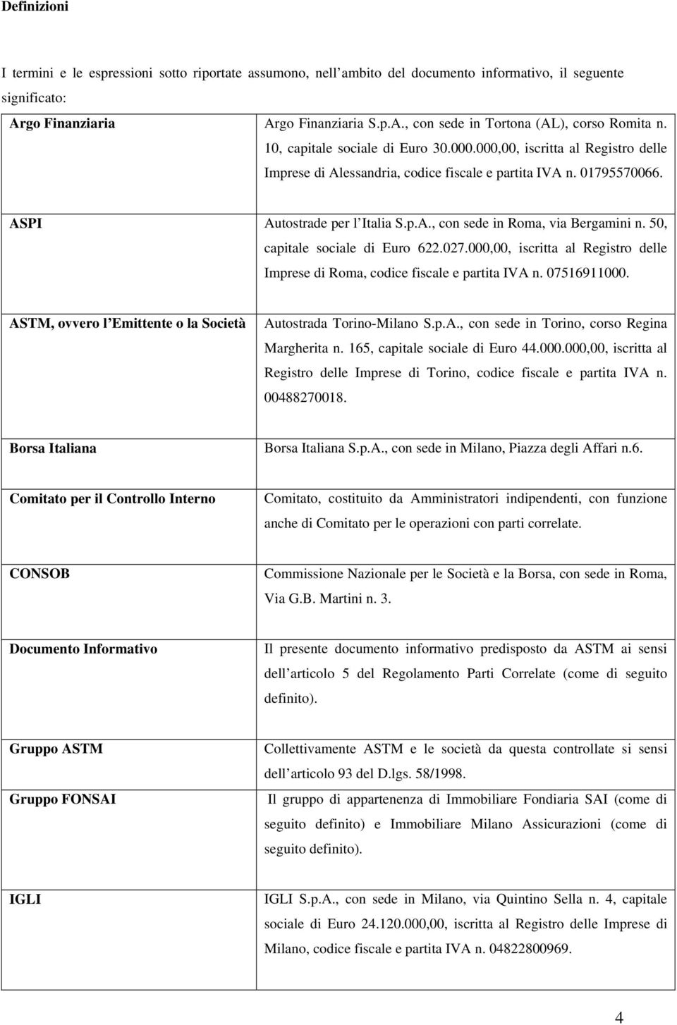 50, capitale sociale di Euro 622.027.000,00, iscritta al Registro delle Imprese di Roma, codice fiscale e partita IVA n. 07516911000. ASTM, ovvero l Emittente o la Società Autostrada Torino-Milano S.