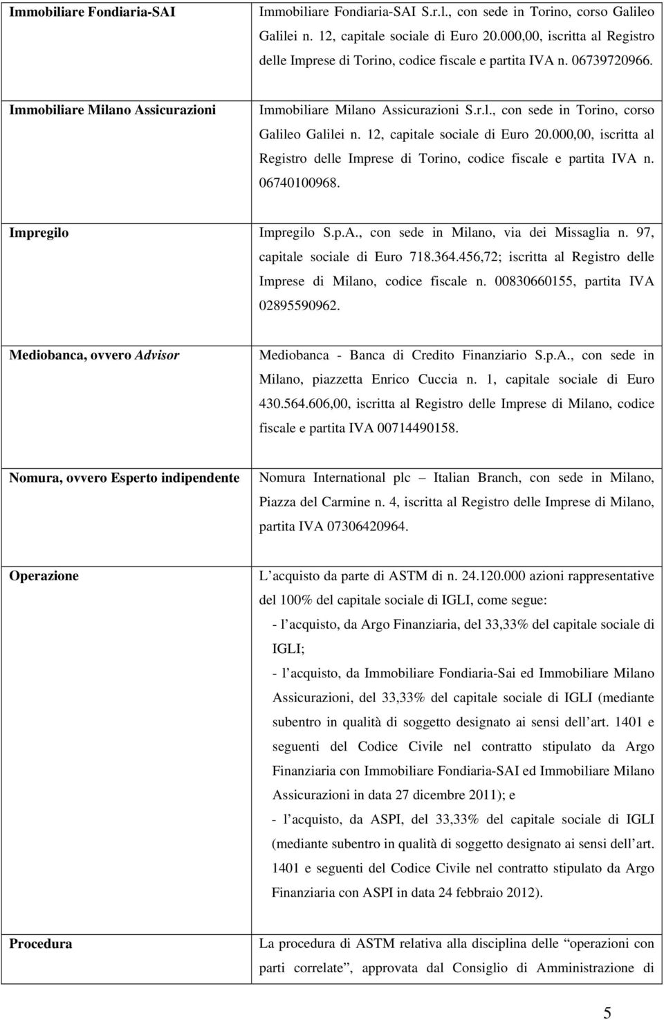 12, capitale sociale di Euro 20.000,00, iscritta al Registro delle Imprese di Torino, codice fiscale e partita IVA n. 06740100968. Impregilo Impregilo S.p.A., con sede in Milano, via dei Missaglia n.