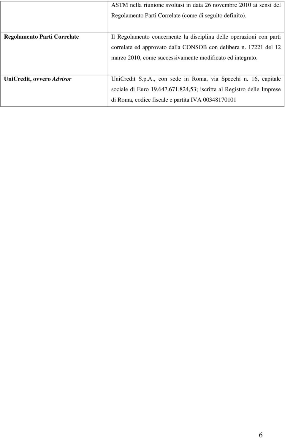 delibera n. 17221 del 12 marzo 2010, come successivamente modificato ed integrato. UniCredit, ovvero Advisor UniCredit S.p.A., con sede in Roma, via Specchi n.