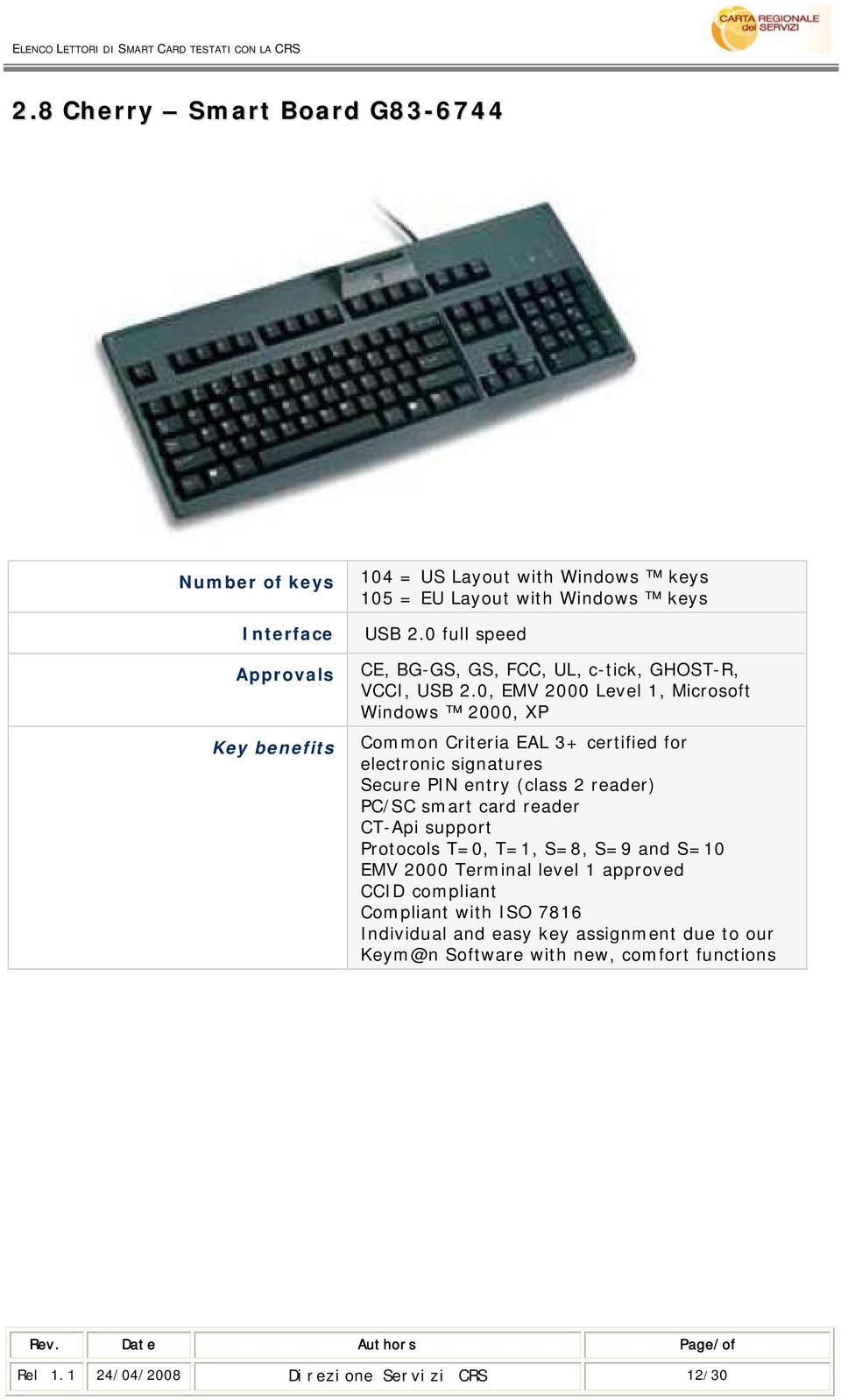 0, EMV 2000 Level 1, Microsoft Windows 2000, XP Common Criteria EAL 3+ certified for electronic signatures Secure PIN entry (class 2 reader) PC/SC smart card