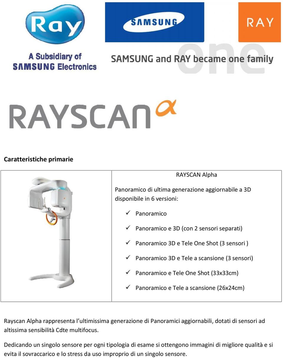 scansione (26x24cm) Rayscan Alpha rappresenta l ultimissima generazione di Panoramici aggiornabili, dotati di sensori ad altissima sensibilità Cdte multifocus.