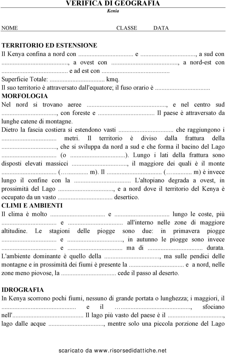 Dietro la fascia costiera si estendono vasti... che raggiungono i... metri. Il territorio è diviso dalla frattura della..., che si sviluppa da nord a sud e che forma il bacino del Lago... (o...).