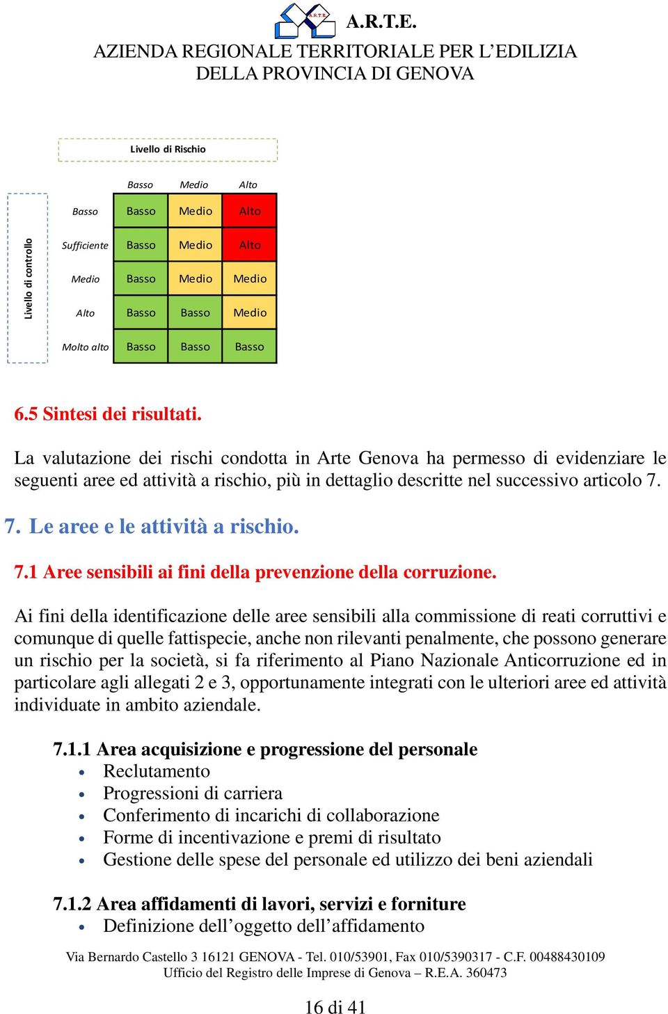 7. Le aree e le attività a rischio. 7.1 Aree sensibili ai fini della prevenzione della corruzione.