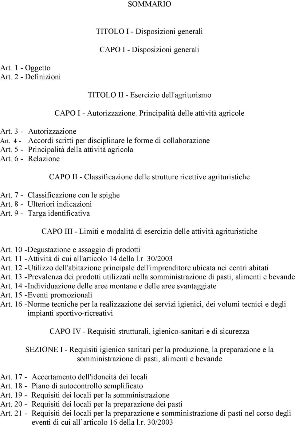 6 - Relazione CAPO II - Classificazione delle strutture ricettive agrituristiche Art. 7 - Classificazione con le spighe Art. 8 - Ulteriori indicazioni Art.