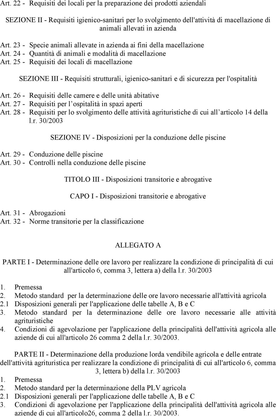 25 - Requisiti dei locali di macellazione SEZIONE III - Requisiti strutturali, igienico-sanitari e di sicurezza per l'ospitalità Art. 26 - Requisiti delle camere e delle unità abitative Art.