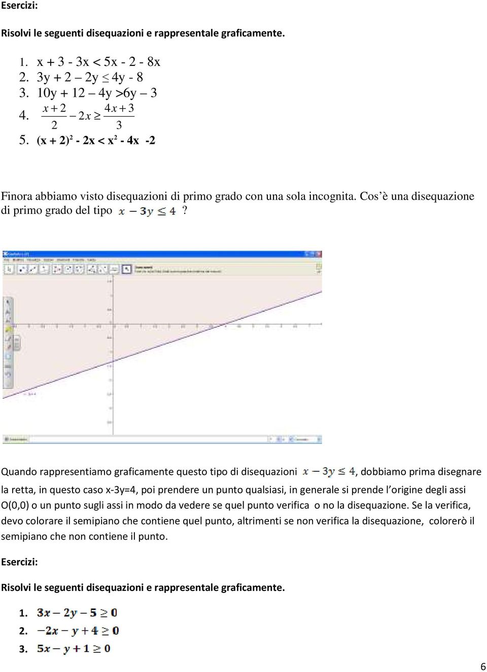 Quando rappresentiamo graficamente questo tipo di disequazioni, dobbiamo prima disegnare la retta, in questo caso x-3y=4, poi prendere un punto qualsiasi, in generale si prende l origine degli assi