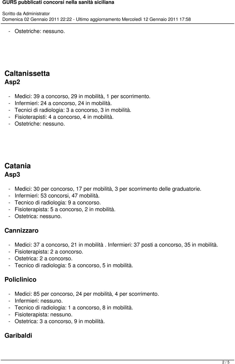 - Tecnico di radiologia: 9 a concorso. - Fisioterapista: 5 a concorso, 2 in mobilità. - Ostetrica: nessuno. Cannizzaro - Medici: 37 a concorso, 21 in mobilità.